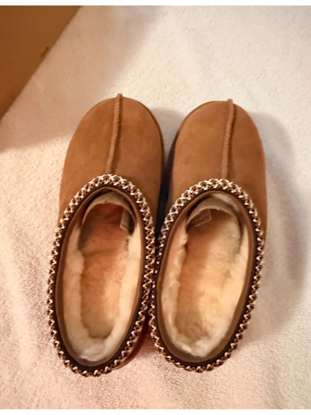 UGG Chestnut Suede Shearling-Lined Slip-On Slippers with decorative Trim